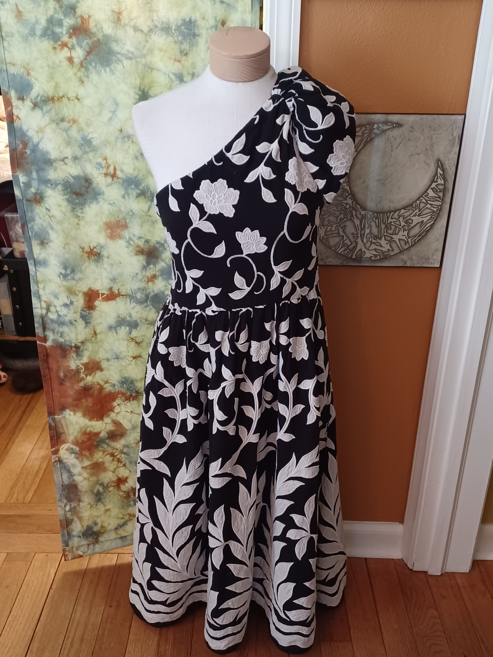 Anthropologie Black and White One-Shoulder Floral Midi Dress